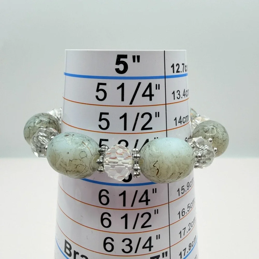 Vintage Silver Tone Beaded Stretch Bracelet Green Simulated Turquoise Glass Boho